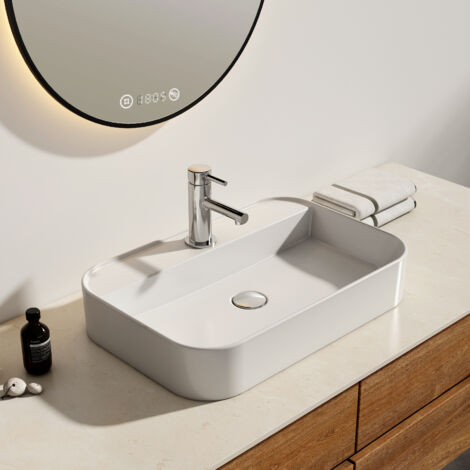 EMKE Lavabo de encimera de cerámica, rectangular, arco, blanco brillante - 60 x 40 x 11 cm