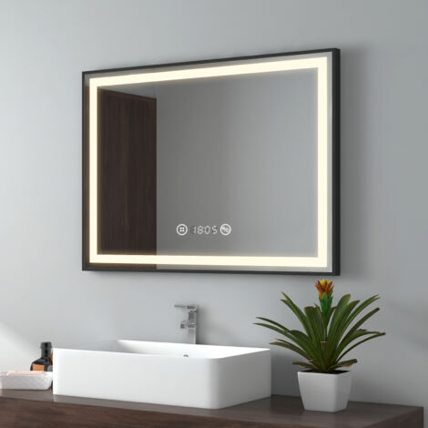 EMKE Specchio da bagno a LED cornice nera con interruttore touch, antiappannamento, orologio, temperatura, dimmerabile, funzione memory, luce neutra - 80x60 cm