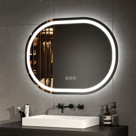 EMKE Specchio da bagno ovale Specchio da bagno illuminato a LED con interruttore tattile/antiappannamento/dimmerabile/3 colori dimmerabili/funzione di memoria, 80x60 cm