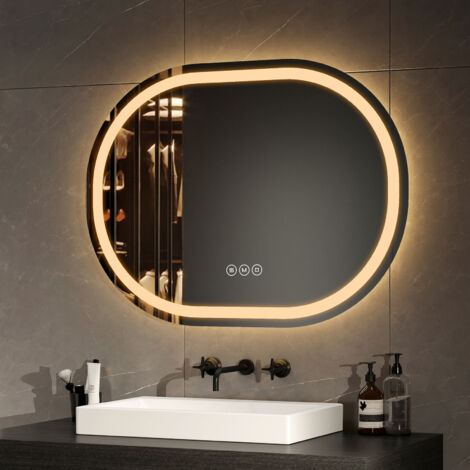 EMKE Specchio LED Bagno 60 x 80 cm, specchio ovale con 3 colori di luce regolabili, antiappannamento, funzione memoria, tocco IP44. Specchio Bagno con Illuminazione Orizzontale/Verticale