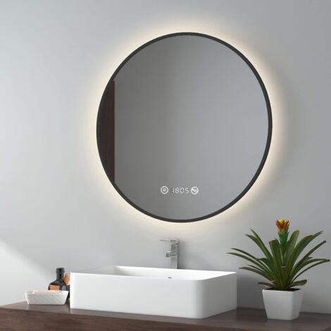 EMKE Specchio da bagno LED con interruttore touch, antiappannamento, orologio, temperatura, dimmerabile, funzione memory, luce neutra, diametro 70 cm cornice nera