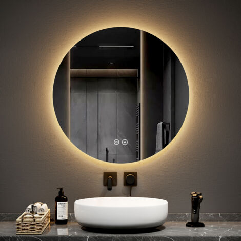 EMKE Specchio da bagno rotondo a LED con interruttori touch retroilluminati senza cornice - diametro 70 cm Luce bianca fredda/calda/neutra