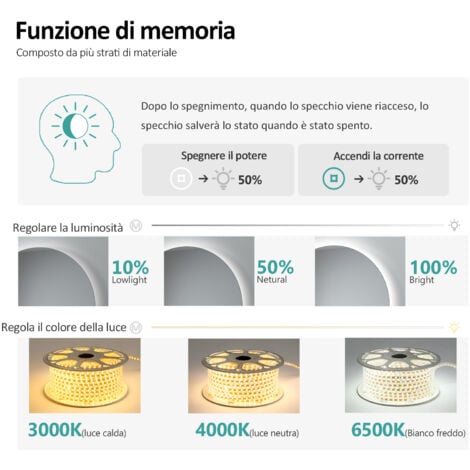 EMKE Specchio da bagno rotondo a LED con interruttori touch retroilluminati senza cornice - diametro 80 cm  Luce bianca fredda/calda/neutra