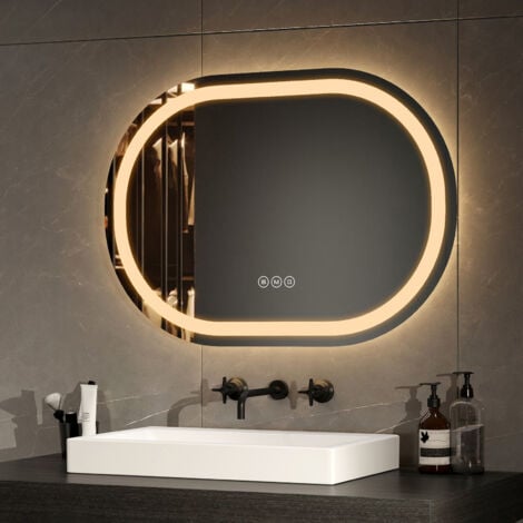 EMKE Specchio da bagno ovale Specchio da bagno illuminato a LED con interruttore tattile/antiappannamento/dimmerabile/3 colori dimmerabili/funzione di memoria, 70x50 cm