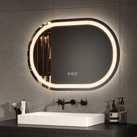EMKE Specchio da bagno ovale Specchio da bagno illuminato a LED con interruttore tattile/antiappannamento/dimmerabile/3 colori dimmerabili/funzione di memoria, 70x50 cm