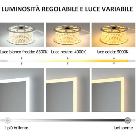 EMKE Specchio da bagno rotondo illuminato con interruttore touch, antiappannamento, 3 colori, dimmerabile, funzione memory, diametro 70cm