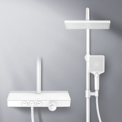 EMKE Colonne doccia termostatiche, vetro da 36 cm pannello, doccetta, 3 soffioni, doccia a pioggia, bocca di erogazione, montaggio a parete, certificato KTW, Bianco