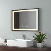 EMKE Specchio da bagno a LED cornice nera con interruttore touch, antiappannamento, orologio, temperatura, dimmerabile, funzione memory, luce neutra - 70x50 cm