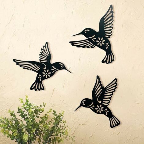 YMYNY Décoration Murale Colibri Oiseau en Métal Noir, 3 Pièces 10.2in Décoration Murale en Fer Forgé Colibri, Art Mural en Métal Oiseaux pour Les Amoureux des Oiseaux Salon