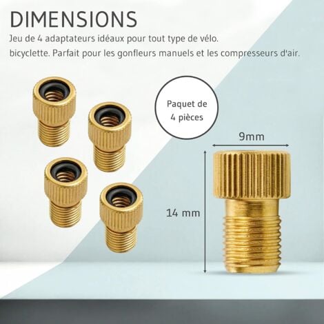 Adaptateur de valve pour gonflage des pneus de vélo avec gonfleur manuel ou compresseur d'air - Convertit la valve Presta (fine) en valve Schrader (grosse) de SV à AV - Lot de 4