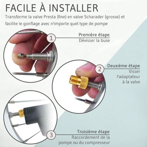 Adaptateur de valve pour gonflage des pneus de vélo avec gonfleur manuel ou compresseur d'air - Convertit la valve Presta (fine) en valve Schrader (grosse) de SV à AV - Lot de 4