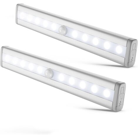 lot de 2 veilleuses LED avec détecteur de mouvement, éclairage armoire placard vitrine, réglette LED, auto-adhésif, alimentation par piles AAA (non fournies), finition aluminium