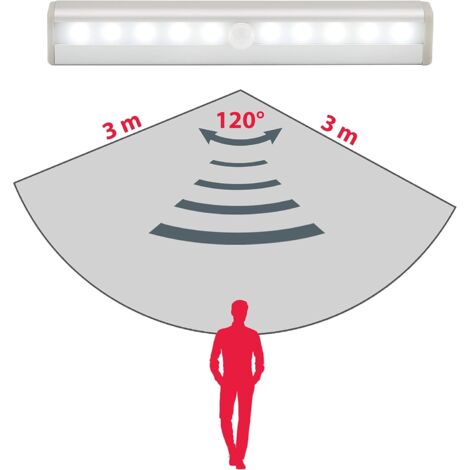 lot de 2 veilleuses LED avec détecteur de mouvement, éclairage armoire placard vitrine, réglette LED, auto-adhésif, alimentation par piles AAA (non fournies), finition aluminium