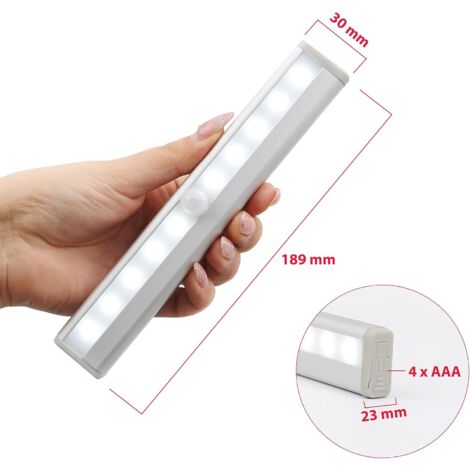 lot de 2 veilleuses LED avec détecteur de mouvement, éclairage armoire placard vitrine, réglette LED, auto-adhésif, alimentation par piles AAA (non fournies), finition aluminium