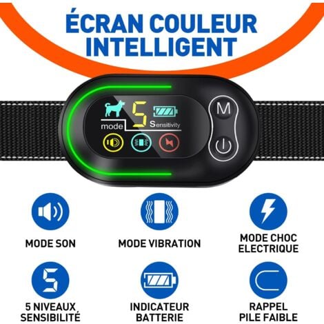 Collier Anti Aboiement Chien Rechargeable, Anti Aboiement Collier Dressage avec 4 Modes Son/Vibration/Choc Electrique, Réglable 5 Niveaux de Sensibilité, Étanche IP67 pour Petit Moyen Grand Chiens