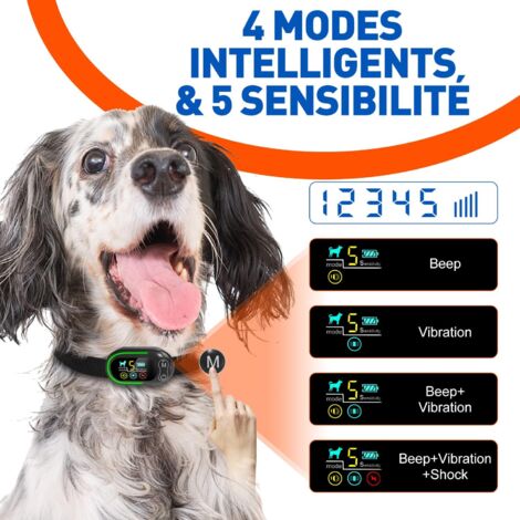 Collier Anti Aboiement Chien Rechargeable, Anti Aboiement Collier Dressage avec 4 Modes Son/Vibration/Choc Electrique, Réglable 5 Niveaux de Sensibilité, Étanche IP67 pour Petit Moyen Grand Chiens