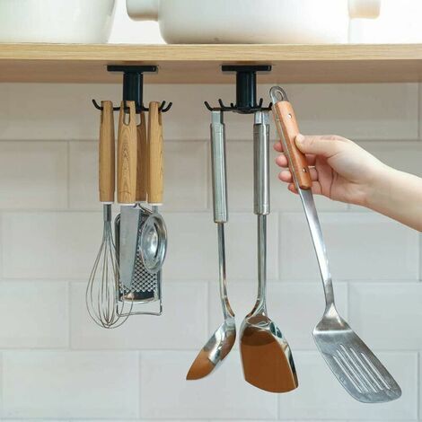 Rotatif à 360 ° Porte Ustensiles Cuisine,6 Crochets sous Armoire Support Ustensiles Cuisine,sans Percer Crochets de Rangement Organiseur Rack pour Salle de Cuisine/Bains