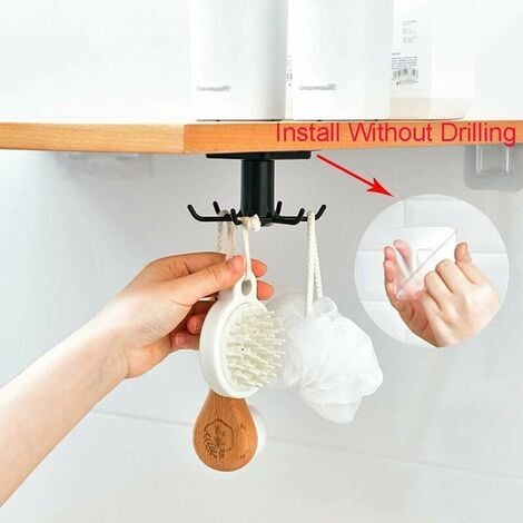 Rotatif à 360 ° Porte Ustensiles Cuisine,6 Crochets sous Armoire Support Ustensiles Cuisine,sans Percer Crochets de Rangement Organiseur Rack pour Salle de Cuisine/Bains