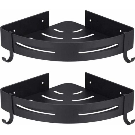 Étagère Salle De Bain 5 Pièces OUSFOT - Support Sans Perçage, Acier Carbone Noir, Avec Crochets, Pour Douche Et Mur