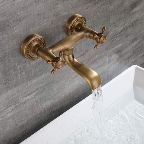 Mitigeur Antique Bassin Robinet Mural En Cuivre Évier De Bain Encastré Robinet D'eau Froide Et Chaude Robinet De Cuisine Noir