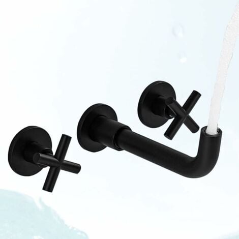 Mitigeur de lavabo Robinet de salle de bain mural noir mat mitigeur de lavabo en laiton à double poignée avec valve brute incluse