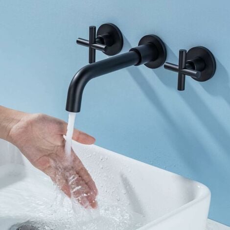 Mitigeur de lavabo Robinet de salle de bain mural noir mat mitigeur de lavabo en laiton à double poignée avec valve brute incluse