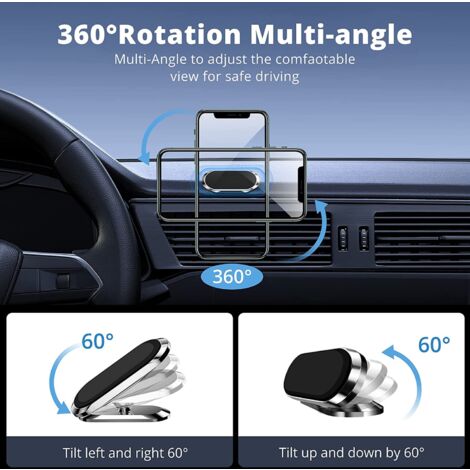 Support Magnétique Pour Téléphone Voiture - Rotation 360° - Fixation à L'aération Ou Bureau