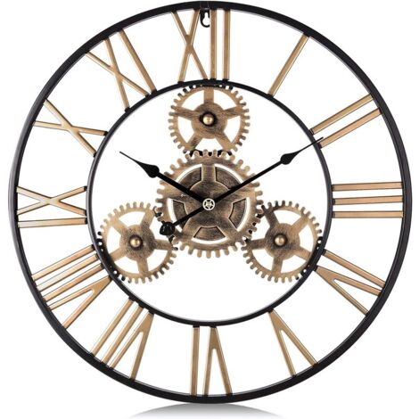 Horloge murale vintage industrielle bois noir, silencieuse, salon 40 cm, pack