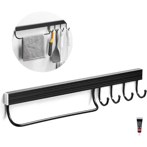 Nmgkokew Lot De 2 Porte-Ustensiles Cuisine Adhésif 6 Crochets – Organiseur Mural Sans Perçage Noir Pour Cuisine Et Salle De Bain