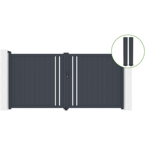 Flügeltor 3,5 m GIONA H.180 graues Aluminium + 2 Pfosten 20x20 cm H.190 cm