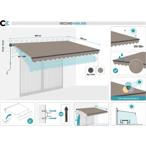 Einteilige Markise VECCHIO 4m x 3m - Premium-Leinwand 320g/m Taupe