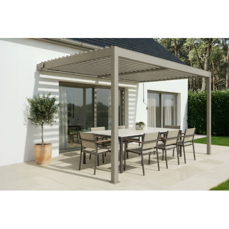 Bioklimatische Pergola anbaubare PIANA 4x3m in taupefarbenem Aluminium - schwenkbare Klingen