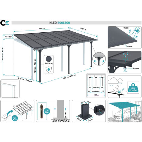 Pergola/Cochera adosada KLEO 500L300 aluminio Gris