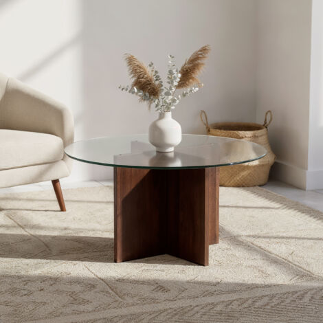 Mesa de centro moderna GIULIA en cristal transparente y nogal