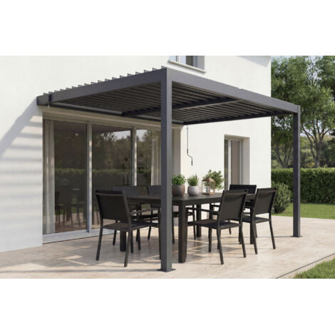 Pérgola bioclimática adosada PIANA 3x2 m de aluminio gris – lamas orientables