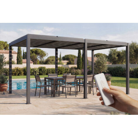 Pérgola bioclimática autoportante motorizada AGOSTA 5x3m con iluminación LED, 250cm de altura - Aluminio gris
