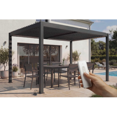 Pérgola bioclimática motorizada AGOSTA de 4x3 m con iluminación LED independiente, 250 cm de altura - Aluminio gris