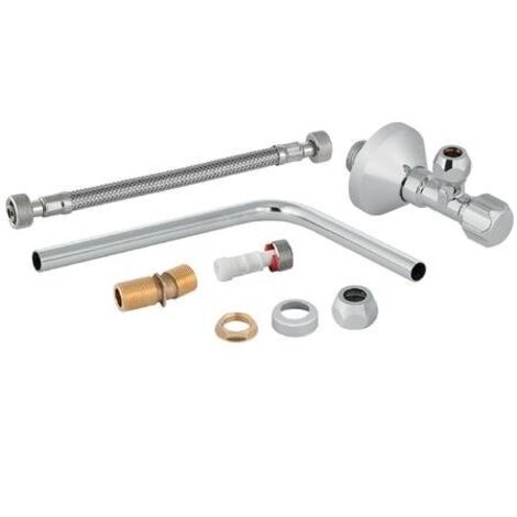 Geberit – Raccord de robinetterie pour modules sanitaires WC – Vanne d'angle 2000 /2" – Tuyau renforcé 3/8" – Rosace chromée – Raccord coudé en cuivre (1/2)