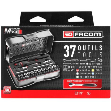 Schachtel mit 37 metrischen 1/4 6-Punkt-Steckdosen + Bits + FACOM-Schaumstoffschale - R.161-6M6PB