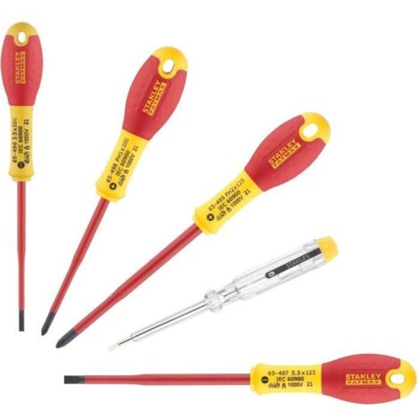 Set aus 5 isolierten Schraubendrehern, hergestellt in Frankreich – Griff aus zwei Materialien – 3,5 x 75 – 5,5 x 150 – PH1 x 100 – PH2 x 125 – Stanley Tester – XTHT0-62692