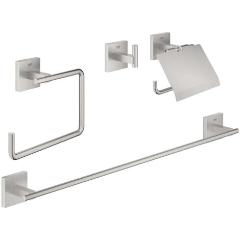 GROHE QuickFix - Start Cube - 4-in-1 Badezimmer-Accessoires-Set - Supersteel-Finish 41115DC0 (zum Schrauben oder Kleben)