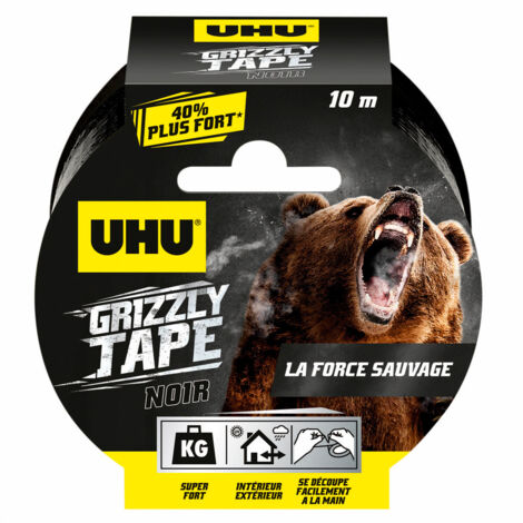 UHU Grizzly Klebeband – Wasserdichtes Gewebeband zum Reparieren, Verstärken, Abdichten, Verbinden, ultra stark und langlebig, schwarz, 10m x 50mm