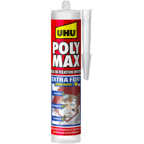 UHU Polymax extra forte invisibile - Colla/adesivo MSP per incollare, assemblare e unire, asciugatura rapida, senza solventi, trasparente, cartuccia da 300 g