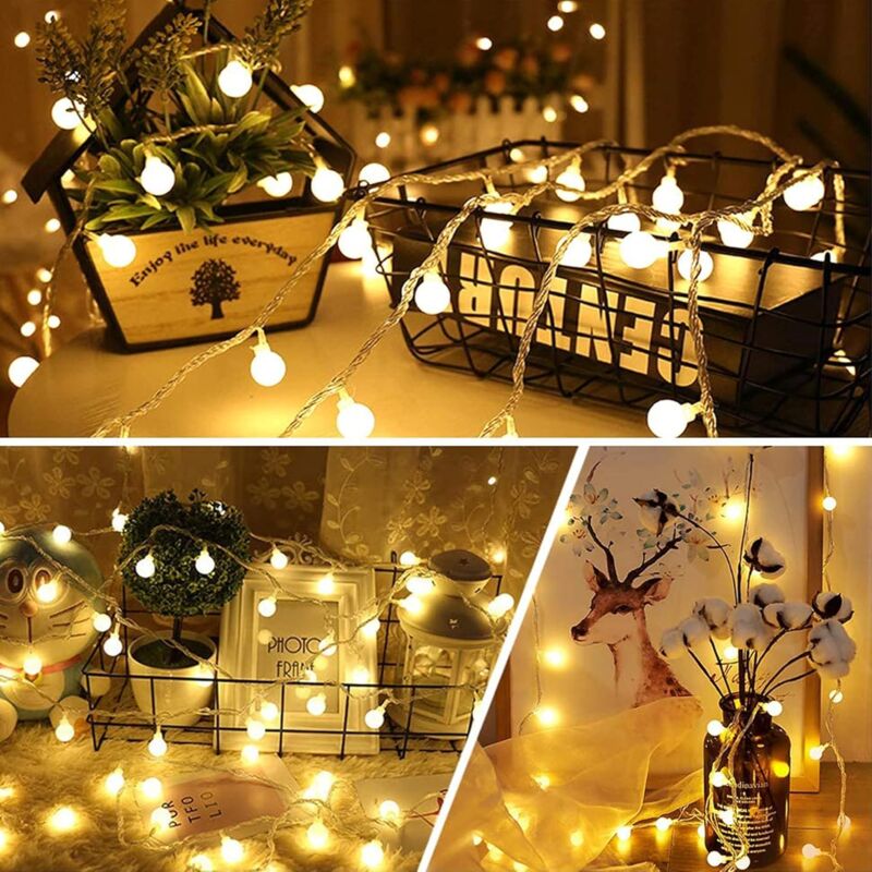 Lot De 2 Guirlandes LED 12m étanches IP65 - 8 Modes, Télécommande, Piles, Blanc Chaud