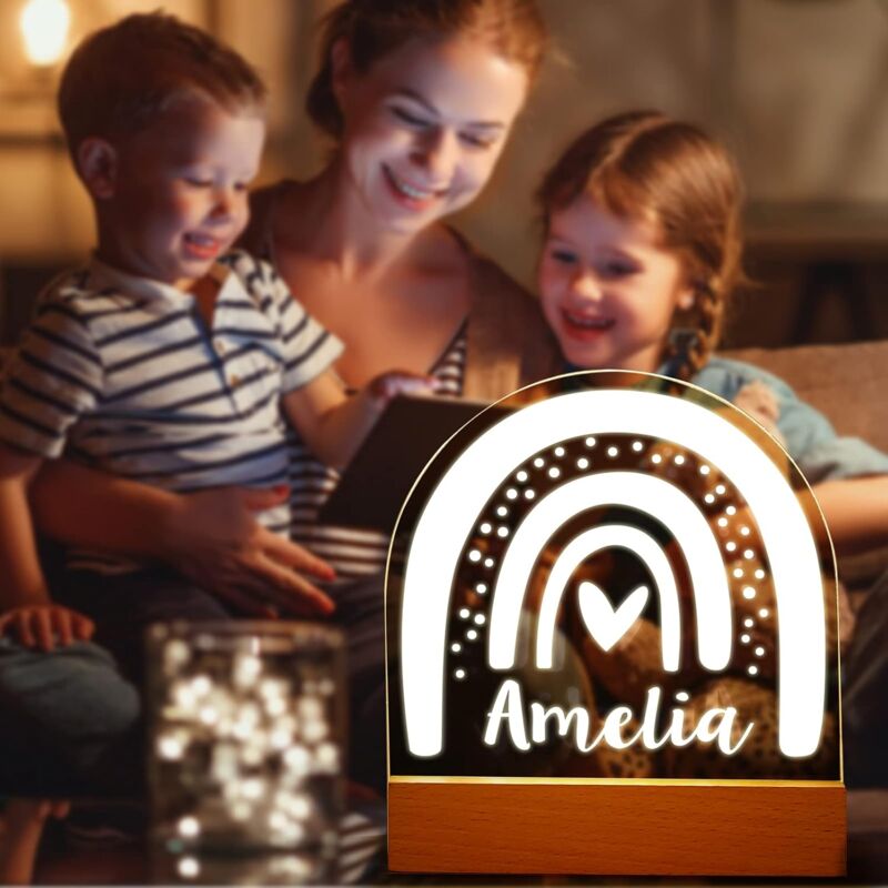 Veilleuse Personnalisée Pour Enfants, Veilleuse LED En Acrylique Gravée Avec Base En Bois Pour Chambre D'enfant, Cadeau D'anniversaire Pour Garçon Et Fille