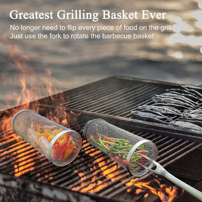 Grill Légumes Crevettes Lot De 2 Paniers à Rouler Hexagonaux Pour BBQ - Acier Inoxydable - Poignée Amovible Design Hexagonal