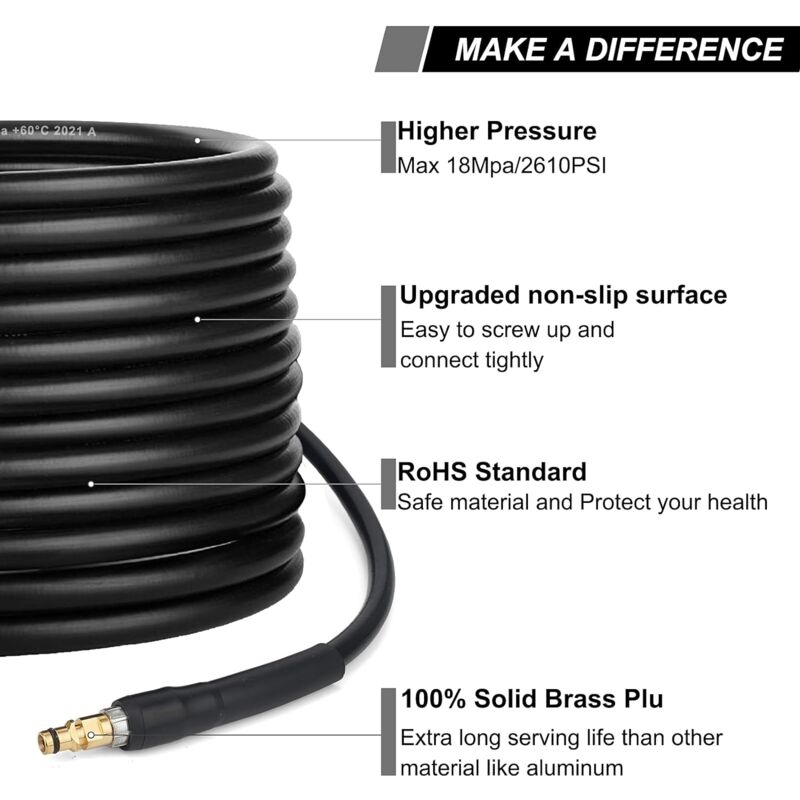 Rallonge Tuyau Haute Pression 15m Pour Karcher K2 à K7 - Raccords Laiton, Anti-explosion, 2000 PSI