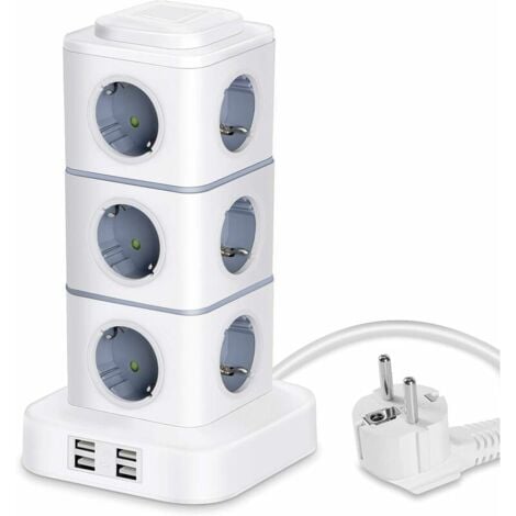 TONCHEAN Multiprise,Tour Multiprise, 12 Prises Multiprise Electrique (2500W / 10A) avec 4 Ports USB, Multi Prises électriques Parafoudre Multiprise Verticale pour Maison Bureau, Rallonge 3M