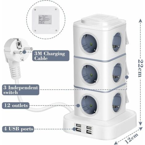 TONCHEAN Multiprise,Tour Multiprise, 12 Prises Multiprise Electrique (2500W / 10A) avec 4 Ports USB, Multi Prises électriques Parafoudre Multiprise Verticale pour Maison Bureau, Rallonge 3M