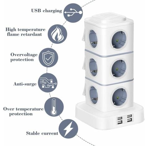 TONCHEAN Multiprise,Tour Multiprise, 12 Prises Multiprise Electrique (2500W / 10A) avec 4 Ports USB, Multi Prises électriques Parafoudre Multiprise Verticale pour Maison Bureau, Rallonge 3M